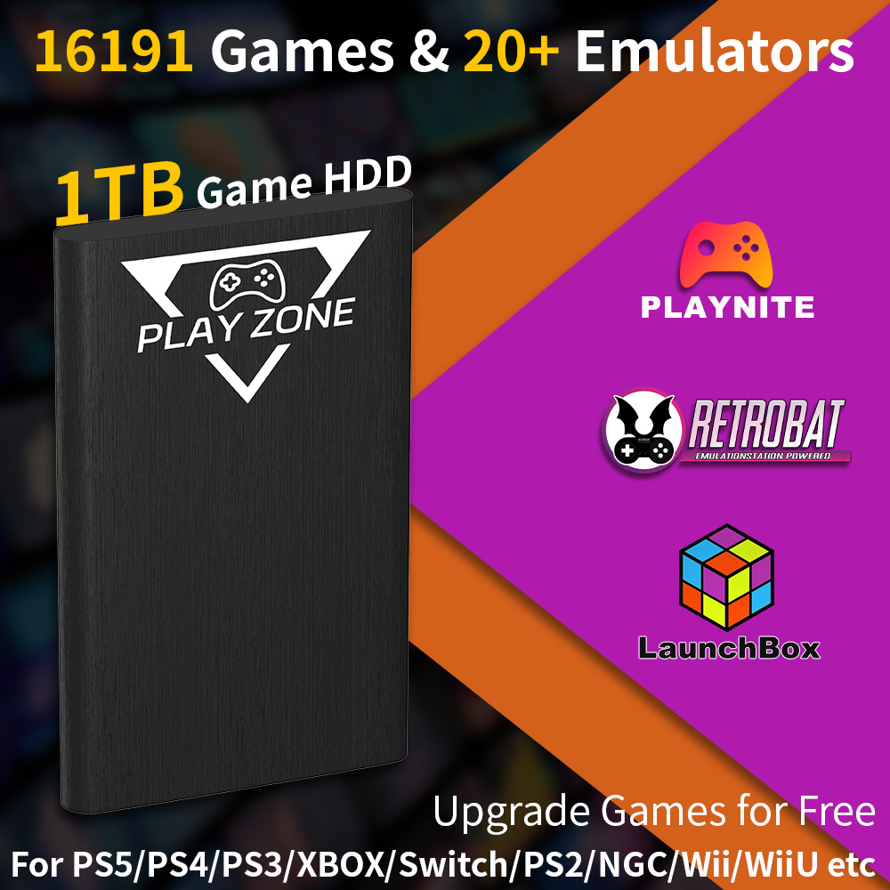Retro Gaming Emulator Pc - Play Zone 1TB ポータブルゲーミングHDD PS5/PS4/XBOX/PS3/Switch/PS2対応 80種類以上のエミュレータ搭載